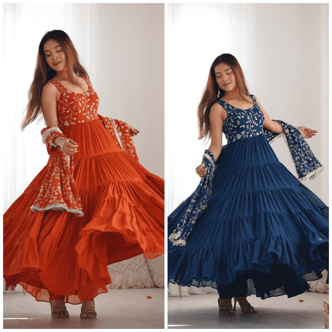 "Premium Fox Georgette Anarkali Gown with Embroidered Dupatta & Padded Inner Lining"