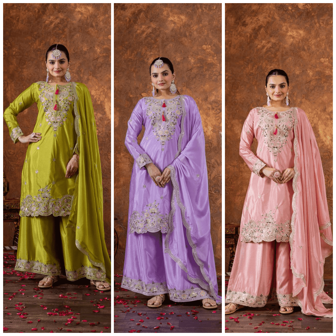 "Festive Embroidered Chinon Silk Ensemble with Tassels and Cutwork Dupatta"