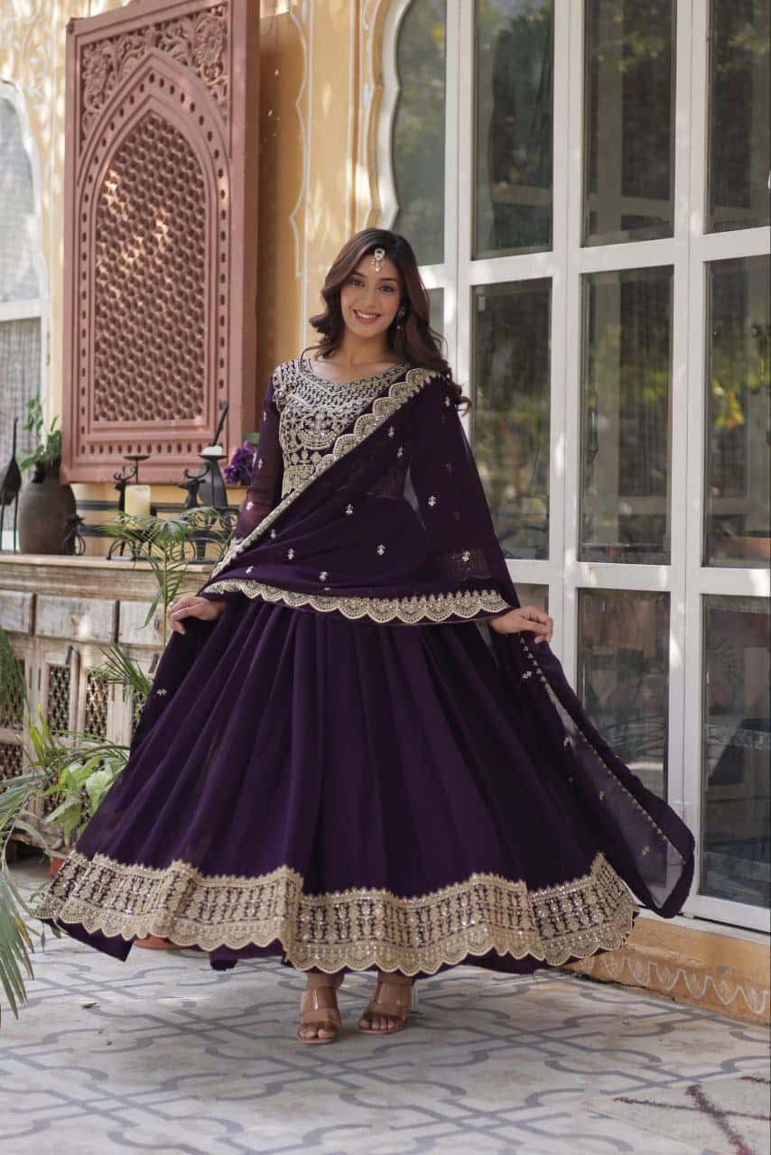 Exquisite Embroidered Zari Sequins Gown Set with Matching Dupatta