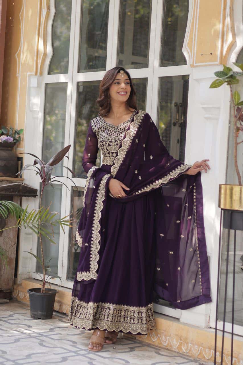 Exquisite Embroidered Zari Sequins Gown Set with Matching Dupatta