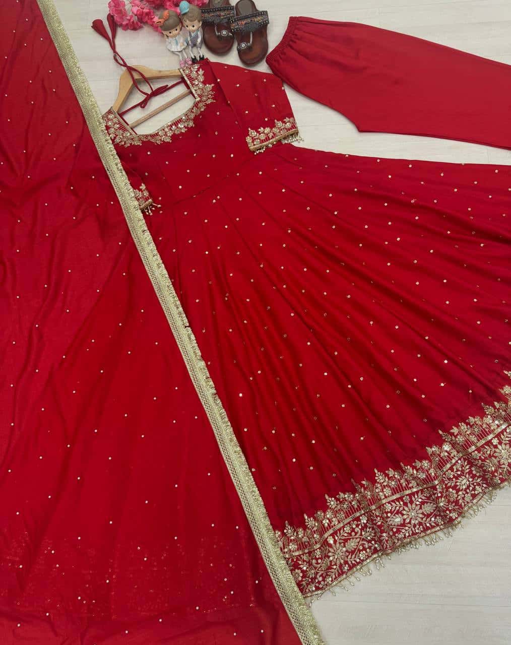 "Luxury Anarkali Gown Set with Vichitra Silk, Embroidered Sequence, Plazzo, and Designer Dupatta"
