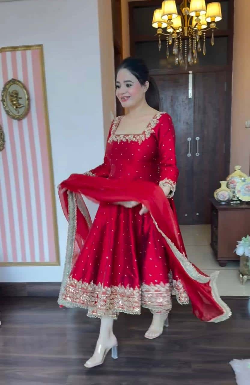 "Luxury Anarkali Gown Set with Vichitra Silk, Embroidered Sequence, Plazzo, and Designer Dupatta"