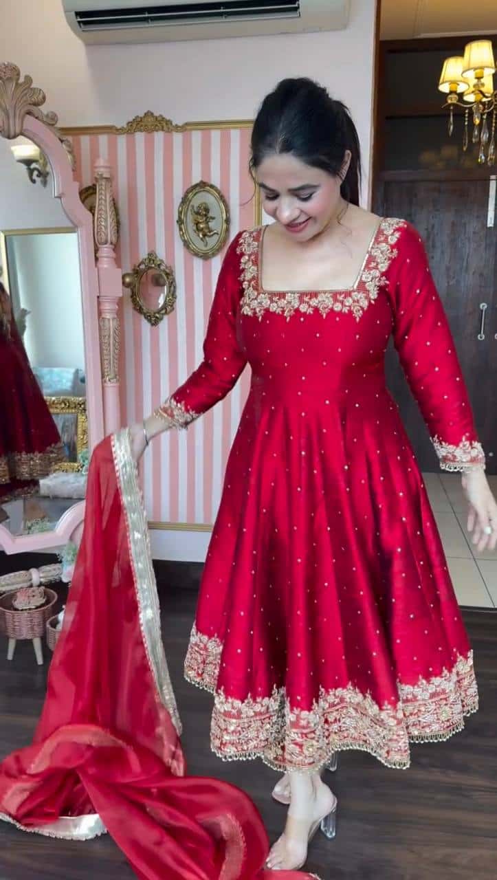 "Luxury Anarkali Gown Set with Vichitra Silk, Embroidered Sequence, Plazzo, and Designer Dupatta"