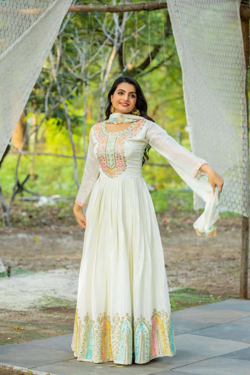 "Elegance in Every Thread: Heavy Chinon Silk Top with Multicolor Embroidery & Sequence Work"