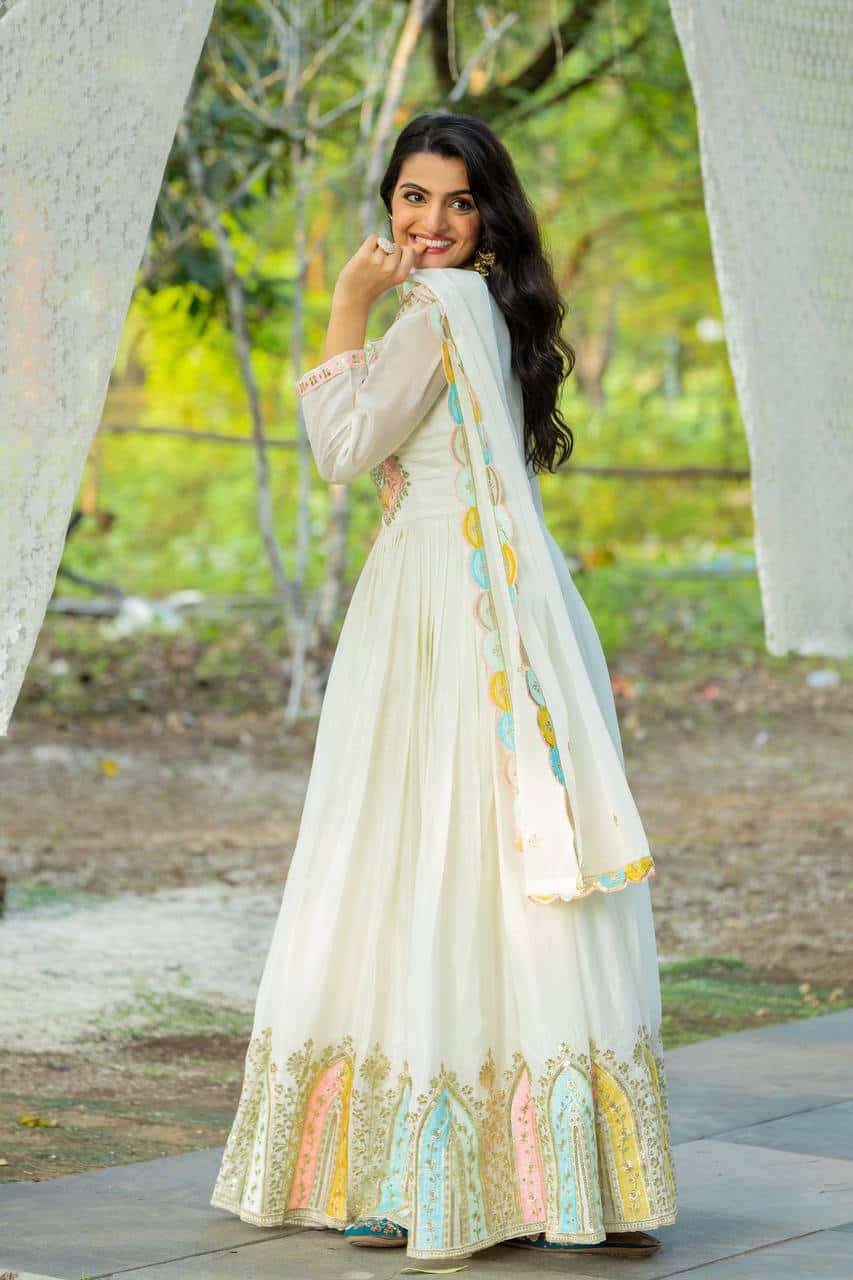 "Elegance in Every Thread: Heavy Chinon Silk Top with Multicolor Embroidery & Sequence Work"