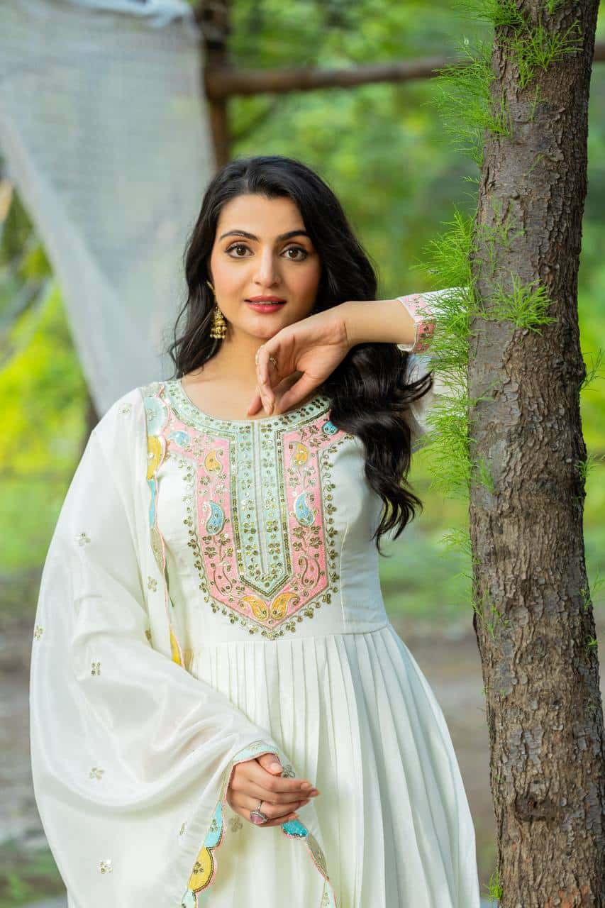 "Elegance in Every Thread: Heavy Chinon Silk Top with Multicolor Embroidery & Sequence Work"
