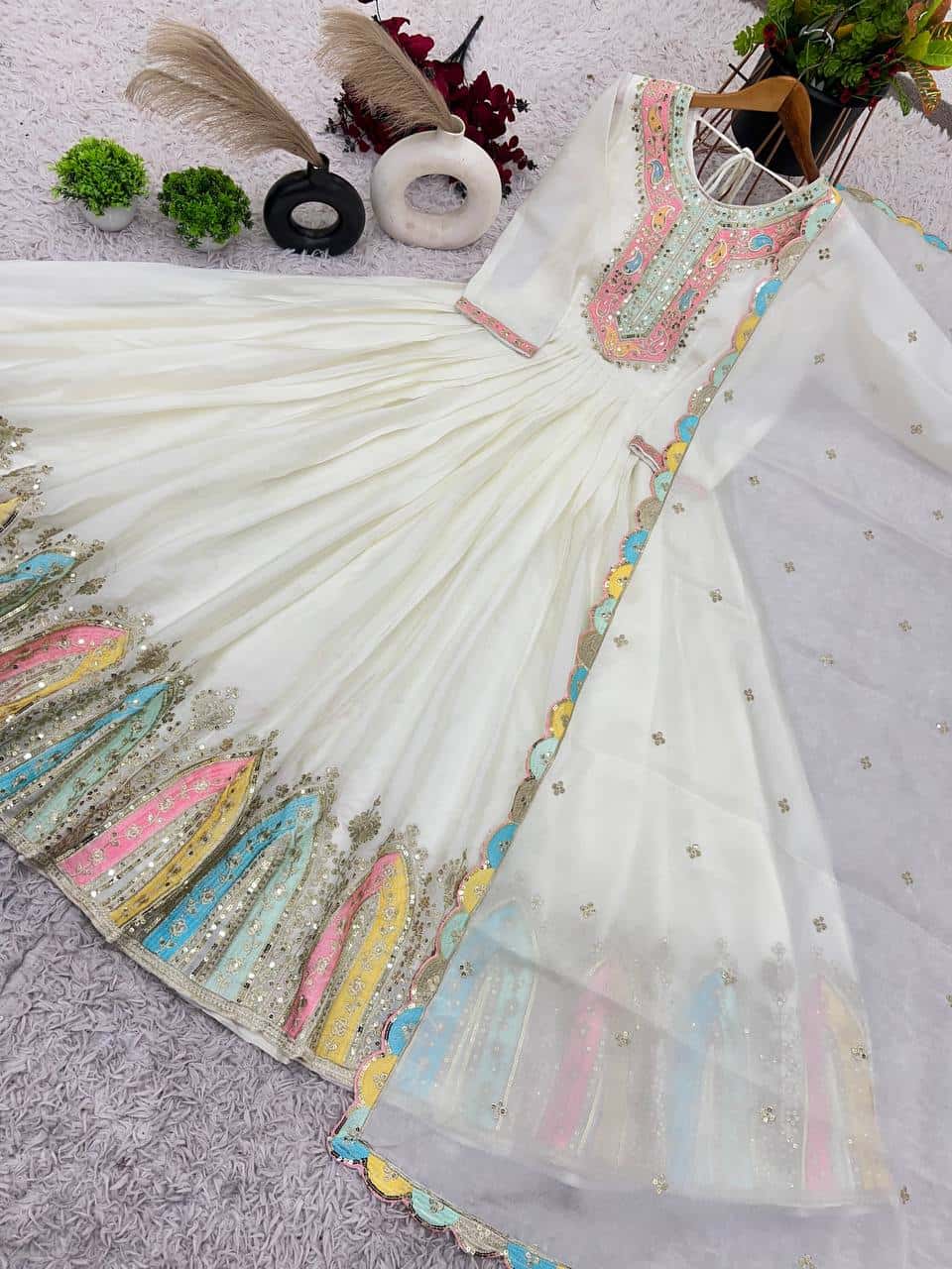 "Elegance in Every Thread: Heavy Chinon Silk Top with Multicolor Embroidery & Sequence Work"