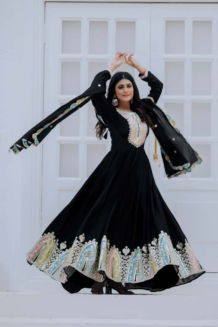 "Elegance in Every Thread: Heavy Chinon Silk Top with Multicolor Embroidery & Sequence Work"