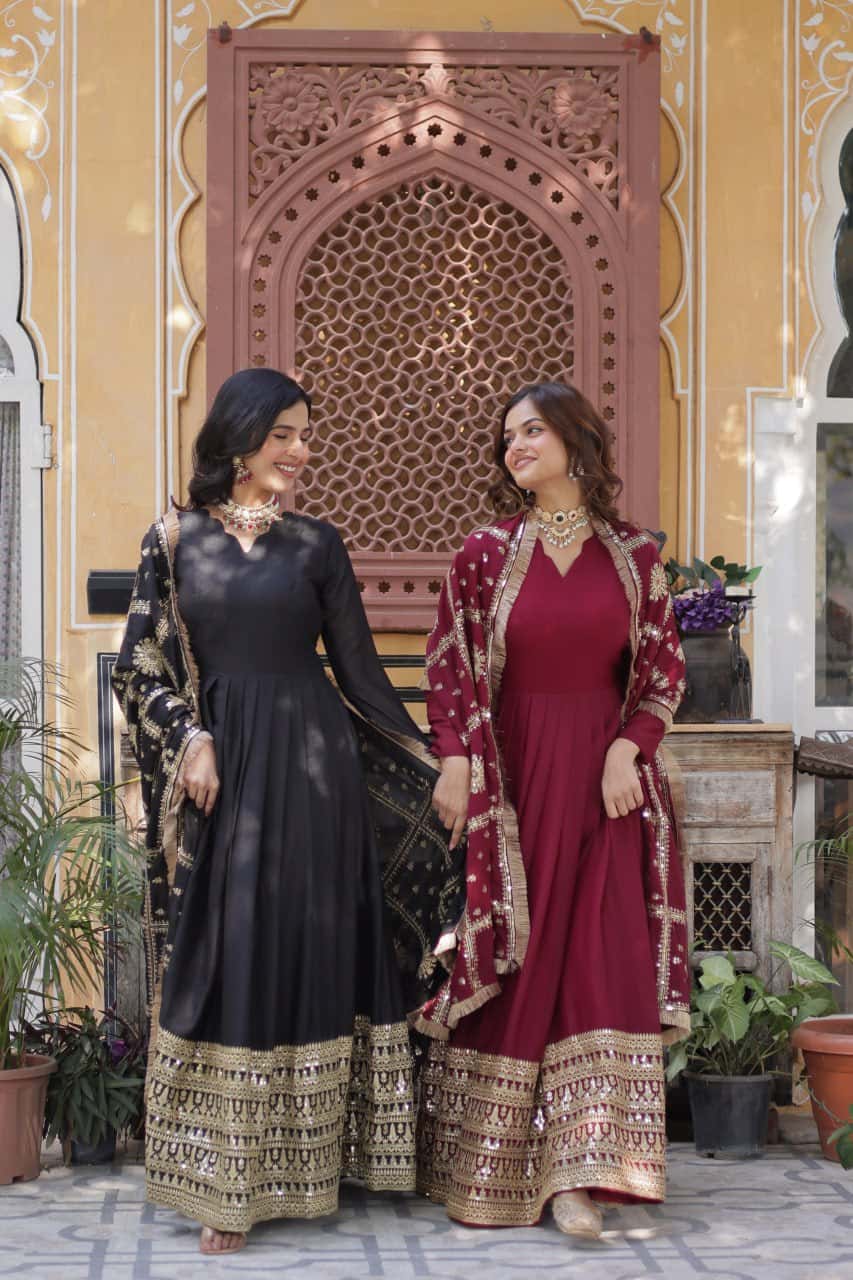 "Embroidered Star Georgette Gown with Sequins and Designer Dupatta"
