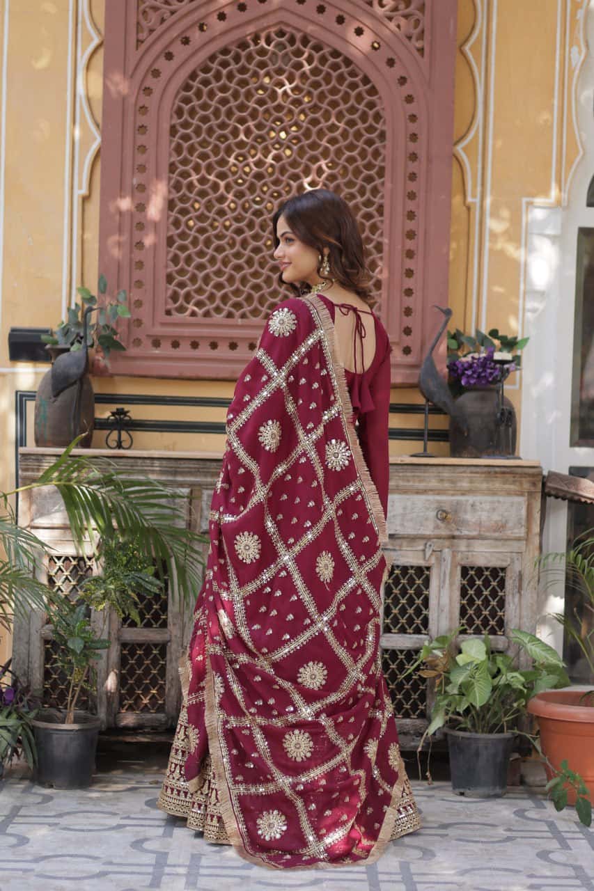 "Embroidered Star Georgette Gown with Sequins and Designer Dupatta"