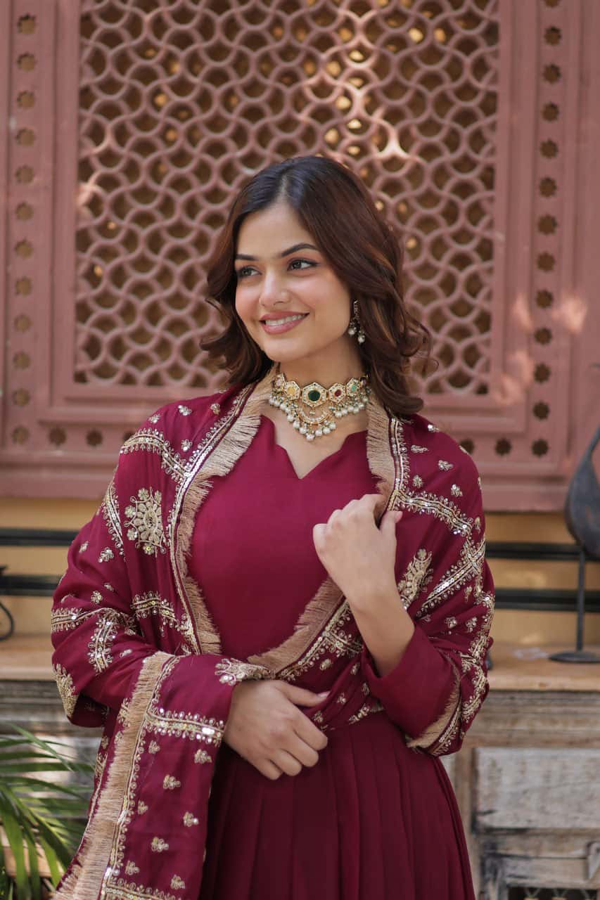 "Embroidered Star Georgette Gown with Sequins and Designer Dupatta"