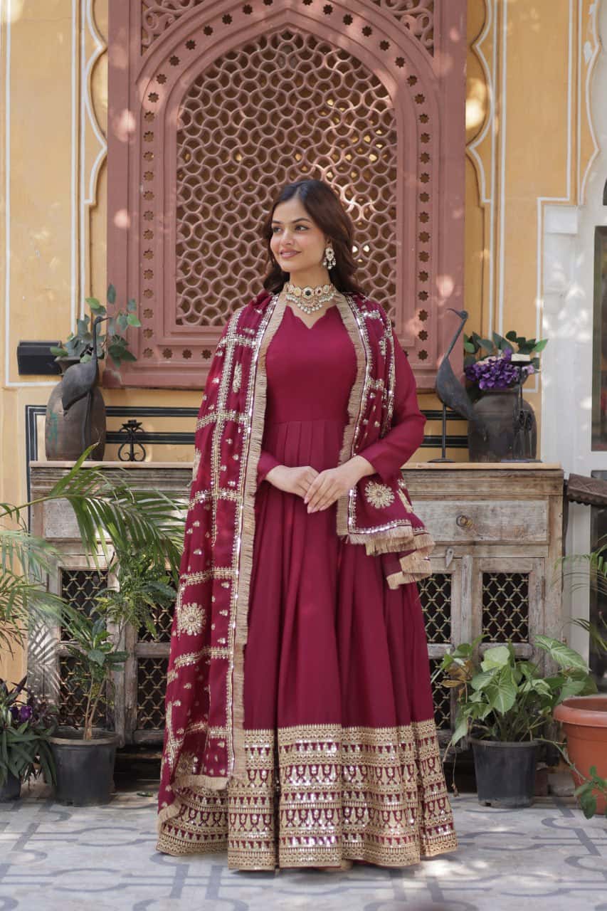 "Embroidered Star Georgette Gown with Sequins and Designer Dupatta"