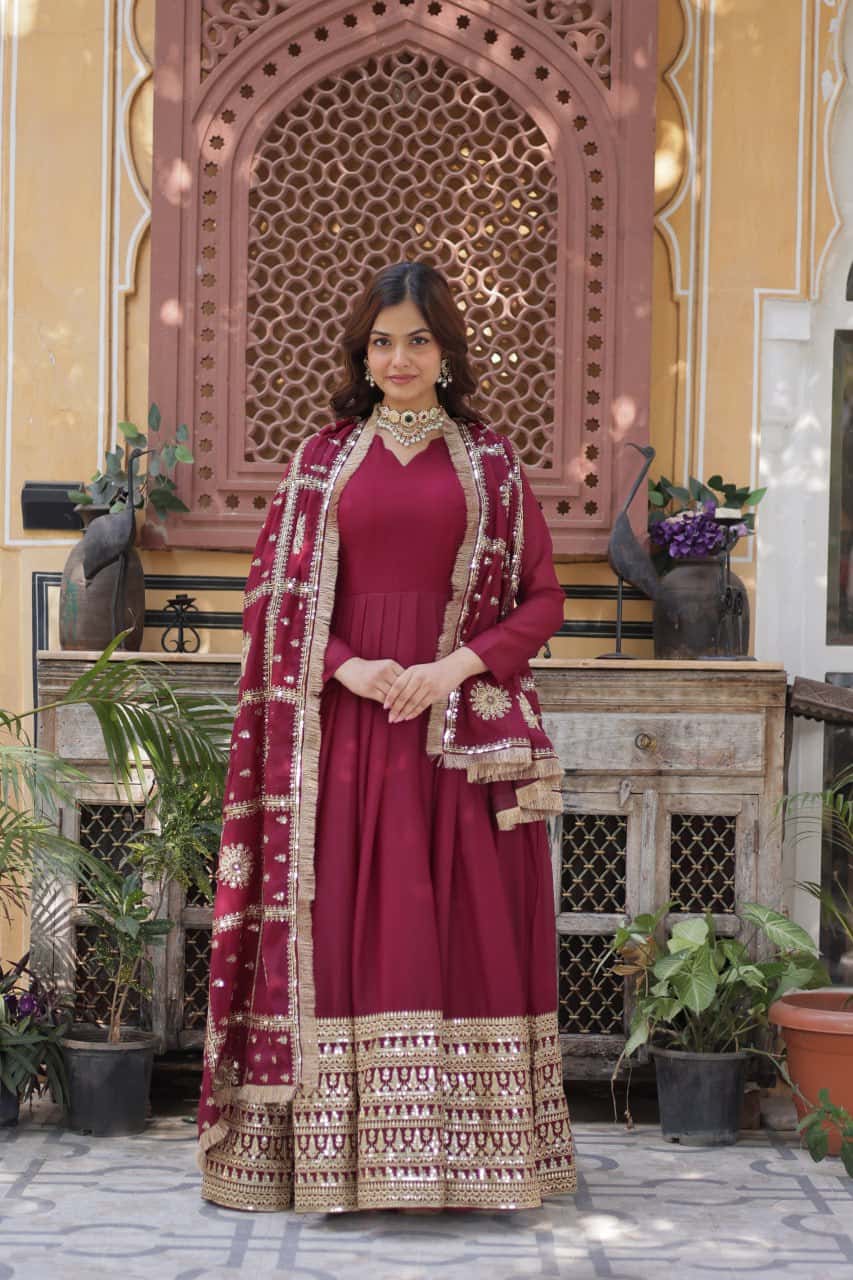 "Embroidered Star Georgette Gown with Sequins and Designer Dupatta"