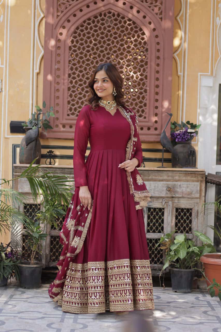 "Embroidered Star Georgette Gown with Sequins and Designer Dupatta"