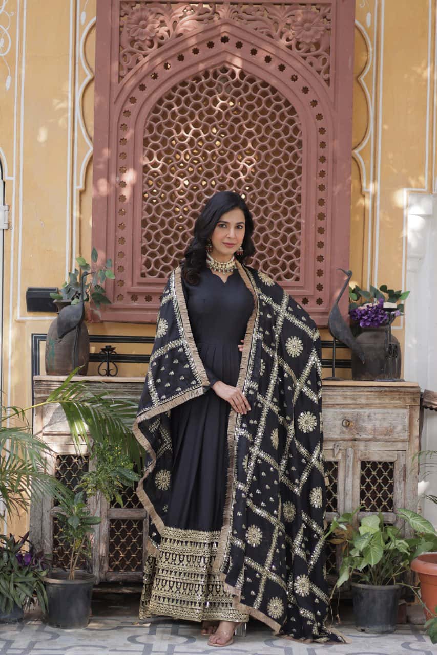 "Embroidered Star Georgette Gown with Sequins and Designer Dupatta"