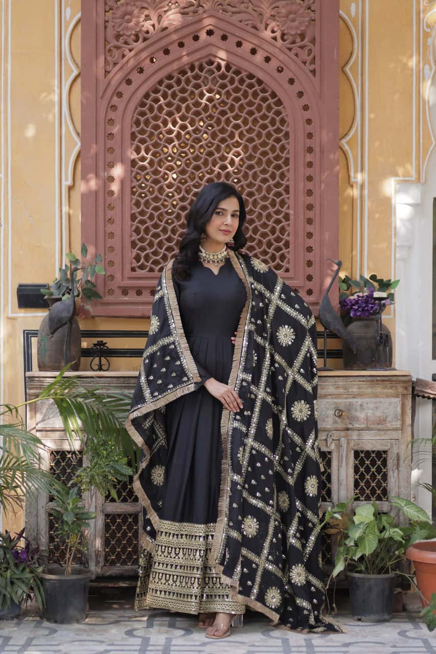 "Embroidered Star Georgette Gown with Sequins and Designer Dupatta"
