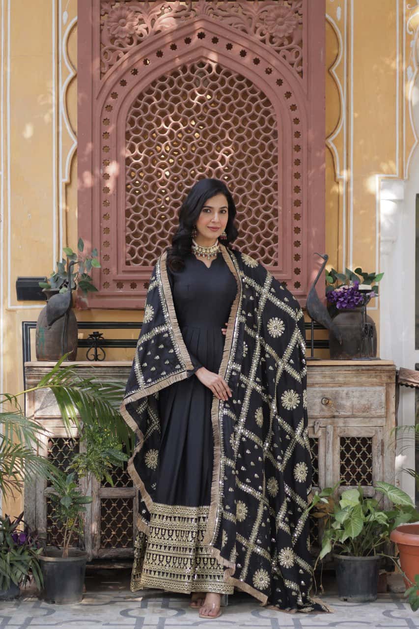 "Embroidered Star Georgette Gown with Sequins and Designer Dupatta"