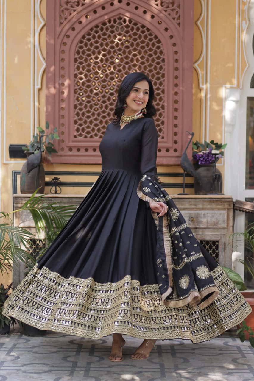 "Embroidered Star Georgette Gown with Sequins and Designer Dupatta"