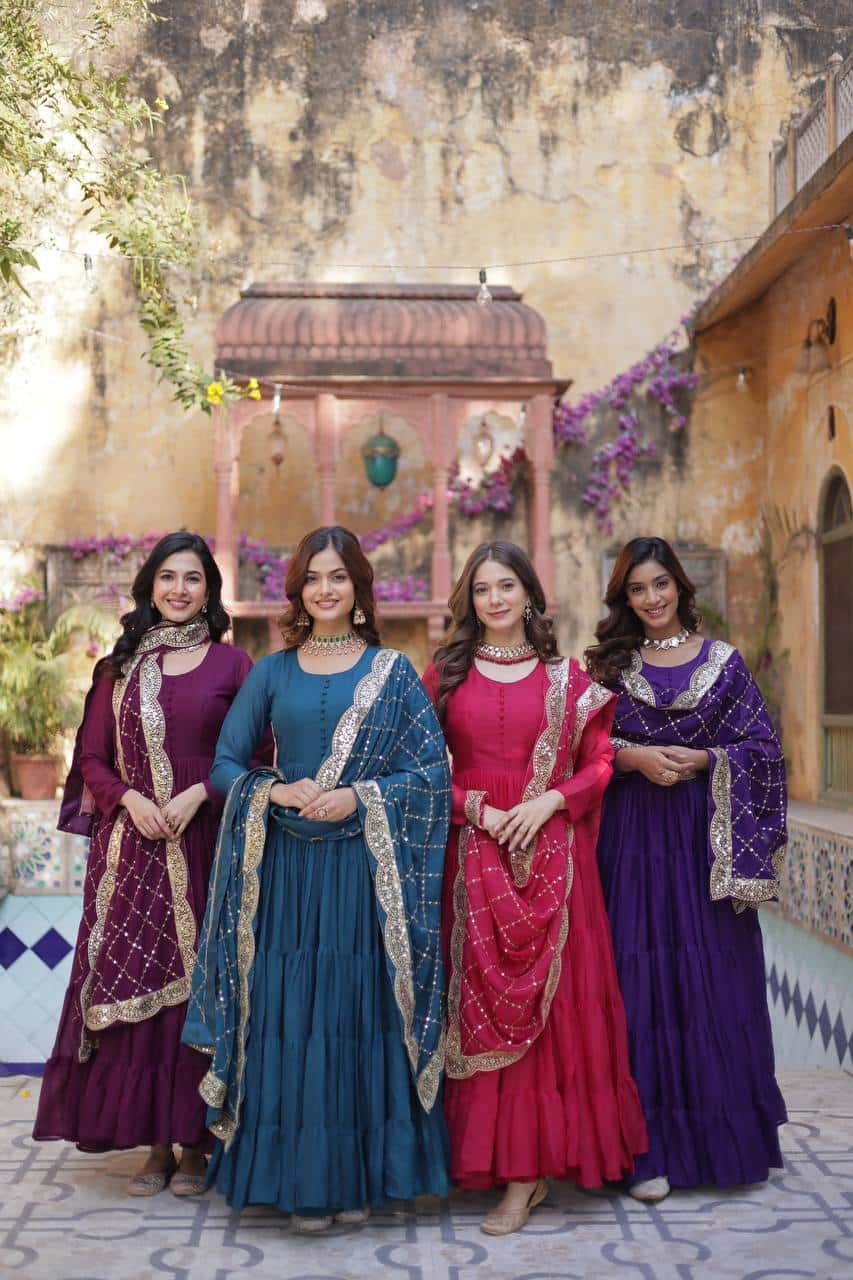 "Luxurious Star Georgette Gown with Full Sleeves and Sequins Dupatta"