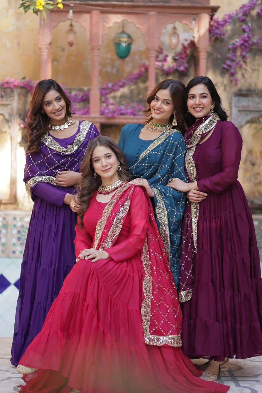 "Luxurious Star Georgette Gown with Full Sleeves and Sequins Dupatta"