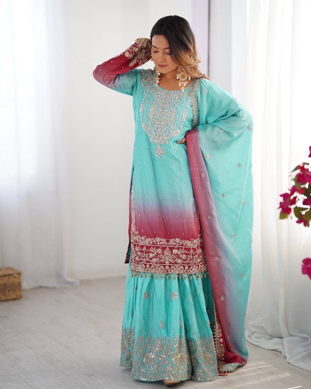 Codeing Dori with Sequnce with Rivet Moti Kurta Sharara Set