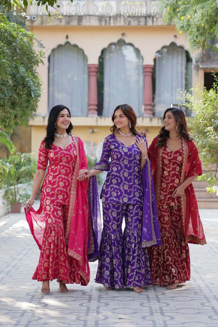 "Exquisite Viscose Georgette Jacquard Kurti & Gharara Set with Embroidered Silk Dupatta"