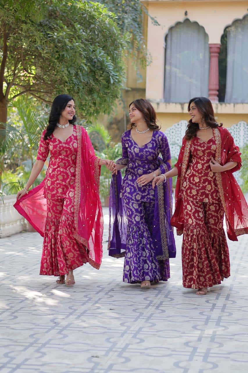 "Exquisite Viscose Georgette Jacquard Kurti & Gharara Set with Embroidered Silk Dupatta"