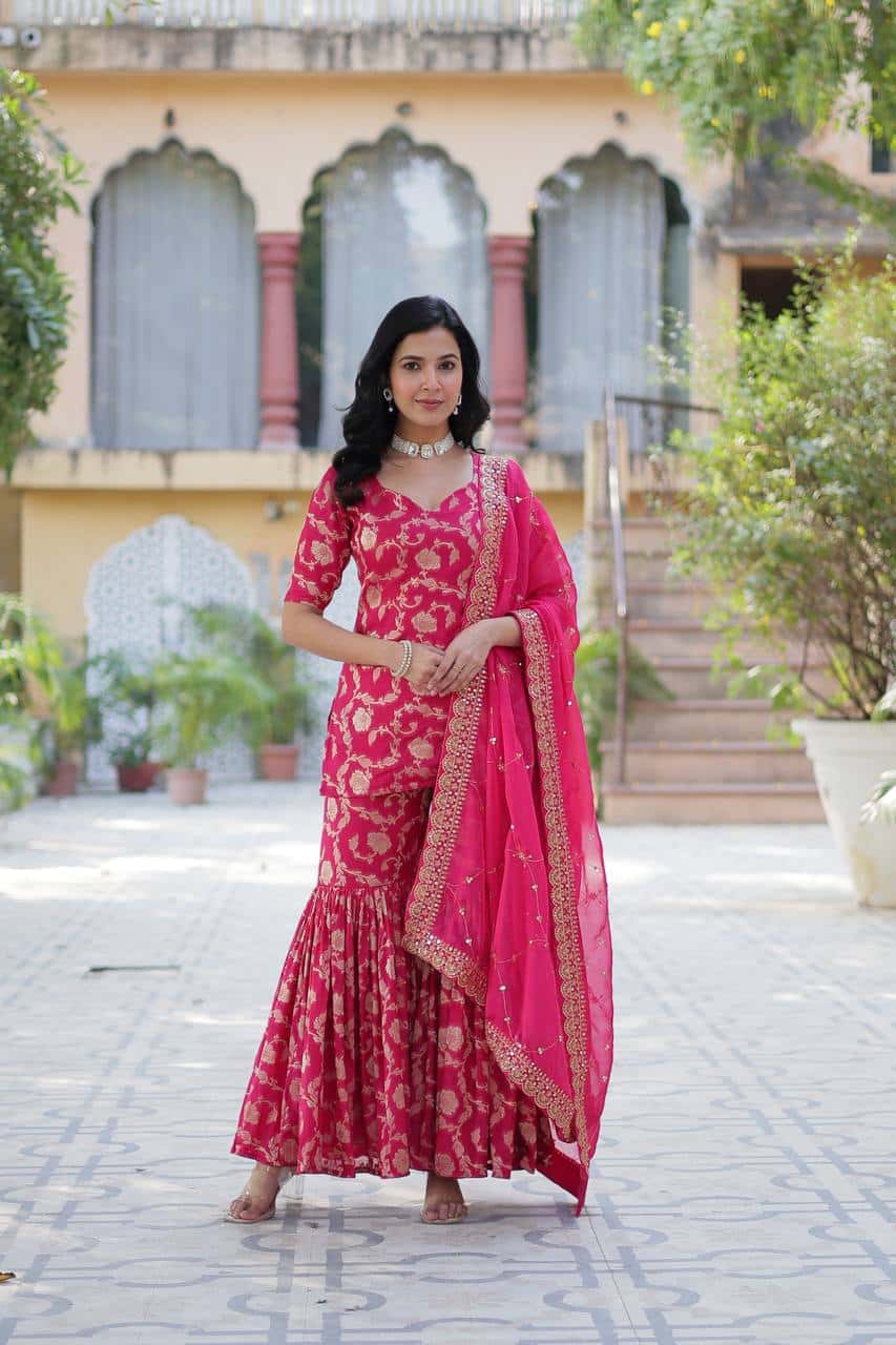 "Exquisite Viscose Georgette Jacquard Kurti & Gharara Set with Embroidered Silk Dupatta"