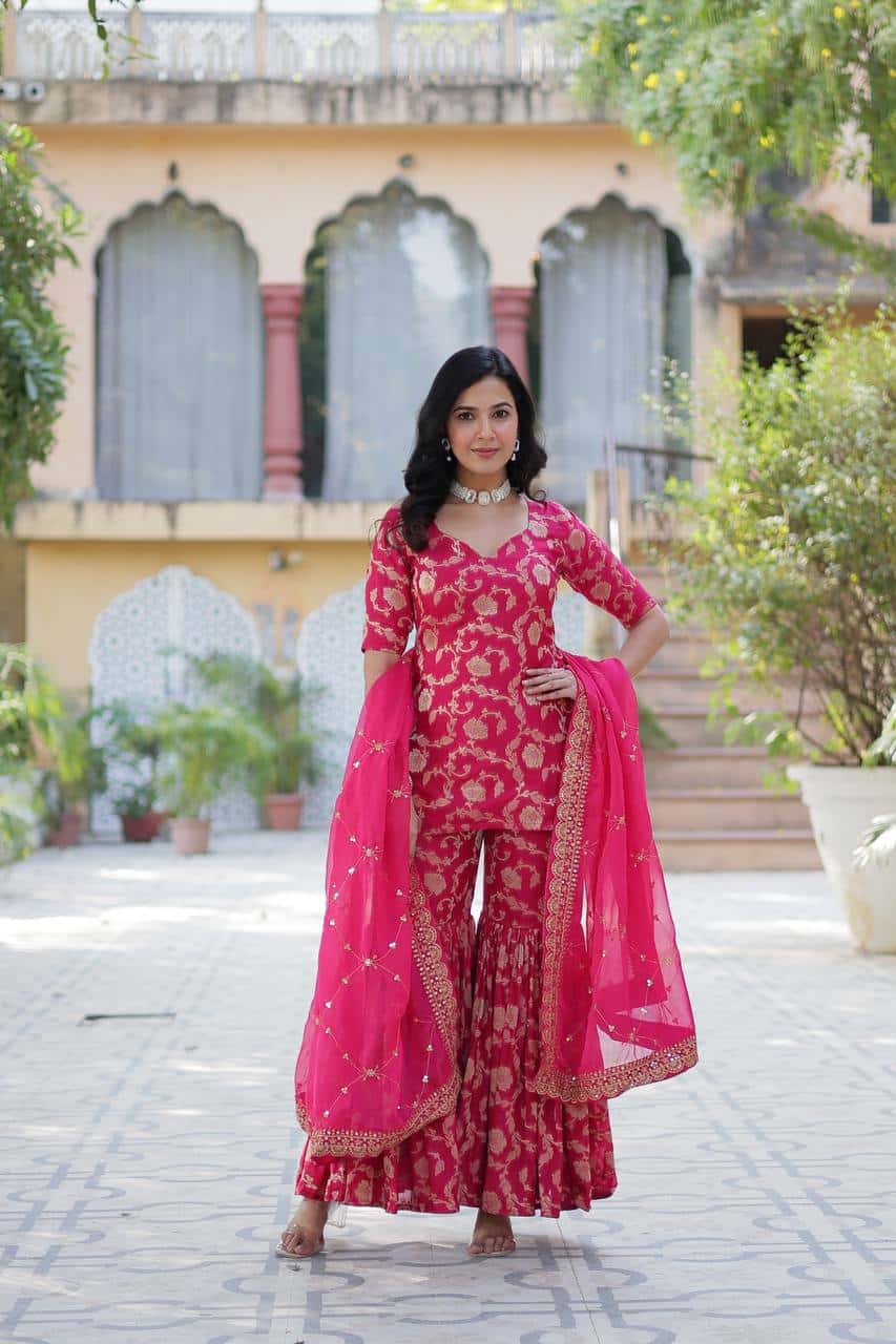 "Exquisite Viscose Georgette Jacquard Kurti & Gharara Set with Embroidered Silk Dupatta"