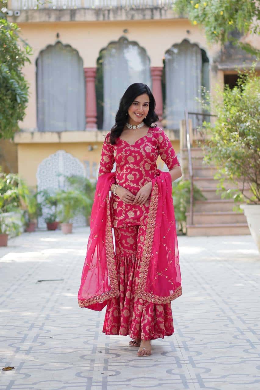 "Exquisite Viscose Georgette Jacquard Kurti & Gharara Set with Embroidered Silk Dupatta"