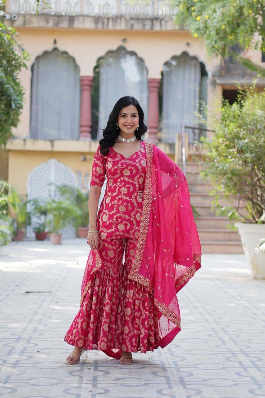 "Exquisite Viscose Georgette Jacquard Kurti & Gharara Set with Embroidered Silk Dupatta"