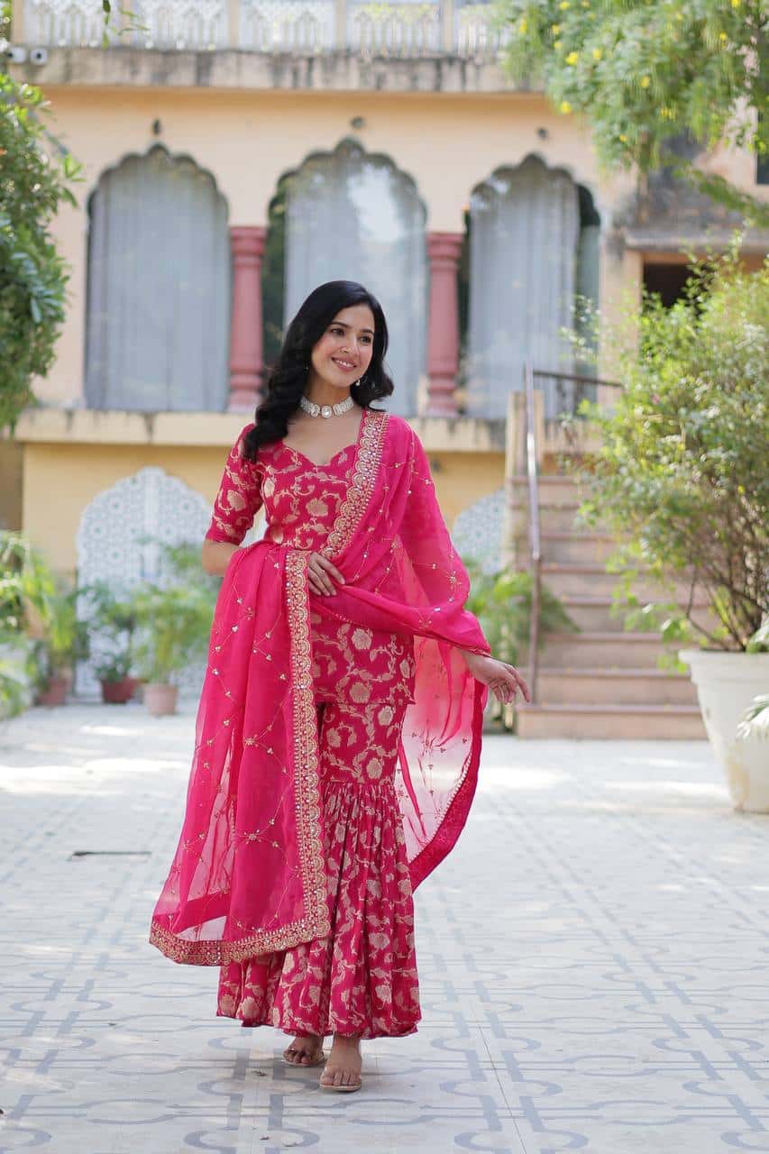 "Exquisite Viscose Georgette Jacquard Kurti & Gharara Set with Embroidered Silk Dupatta"