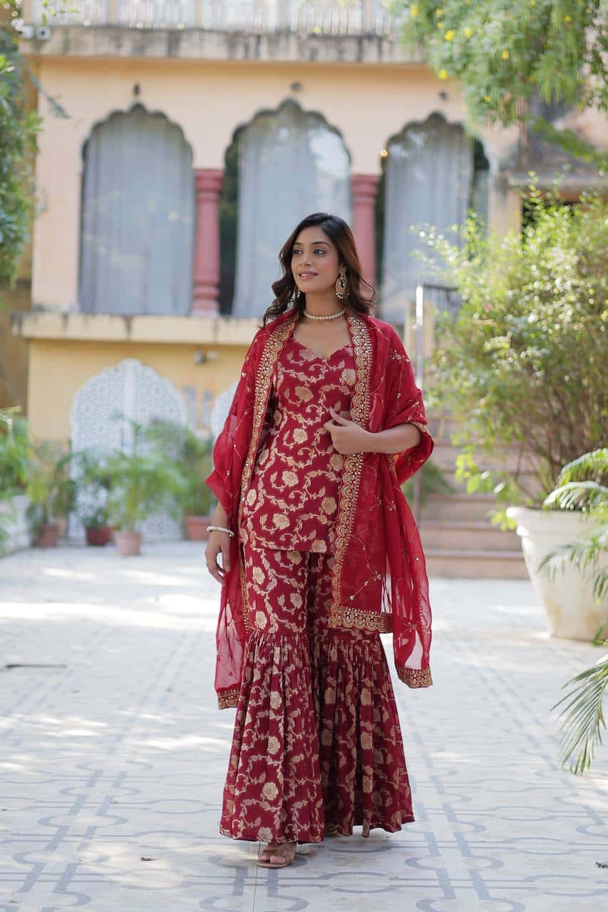 "Exquisite Viscose Georgette Jacquard Kurti & Gharara Set with Embroidered Silk Dupatta"