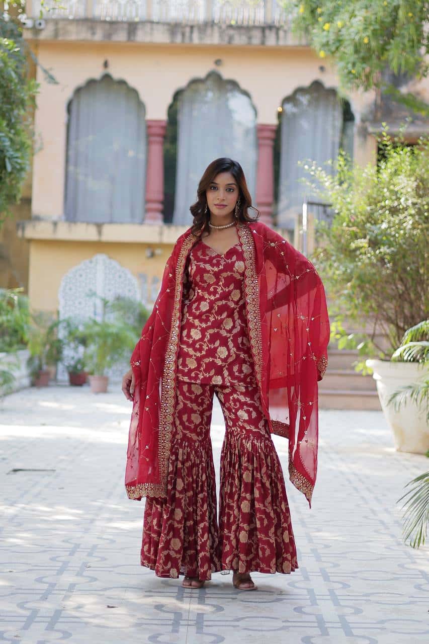 "Exquisite Viscose Georgette Jacquard Kurti & Gharara Set with Embroidered Silk Dupatta"
