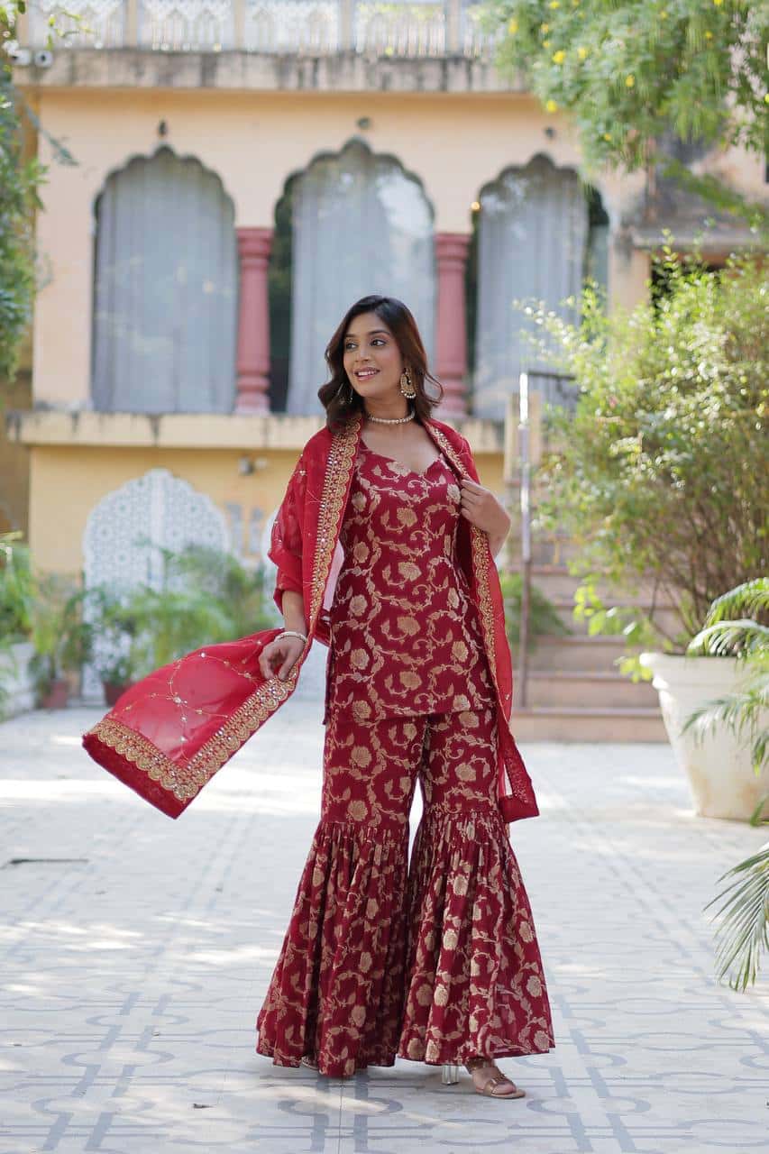 "Exquisite Viscose Georgette Jacquard Kurti & Gharara Set with Embroidered Silk Dupatta"