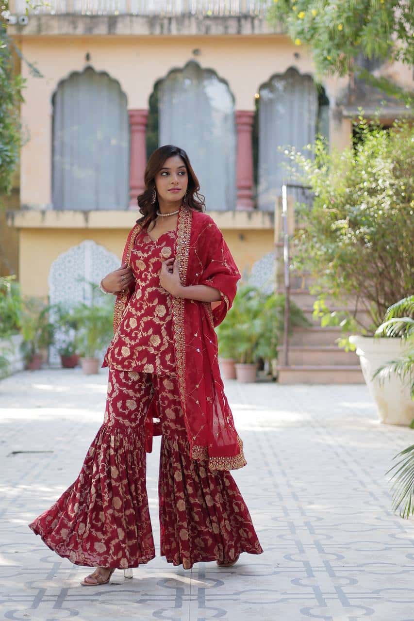 "Exquisite Viscose Georgette Jacquard Kurti & Gharara Set with Embroidered Silk Dupatta"