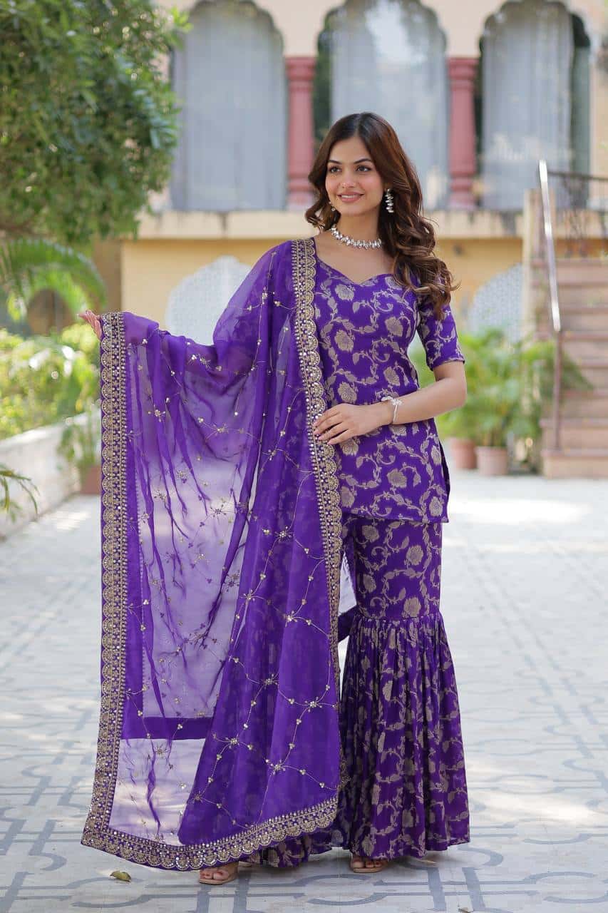 "Exquisite Viscose Georgette Jacquard Kurti & Gharara Set with Embroidered Silk Dupatta"