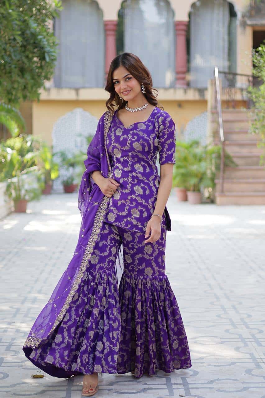 "Exquisite Viscose Georgette Jacquard Kurti & Gharara Set with Embroidered Silk Dupatta"
