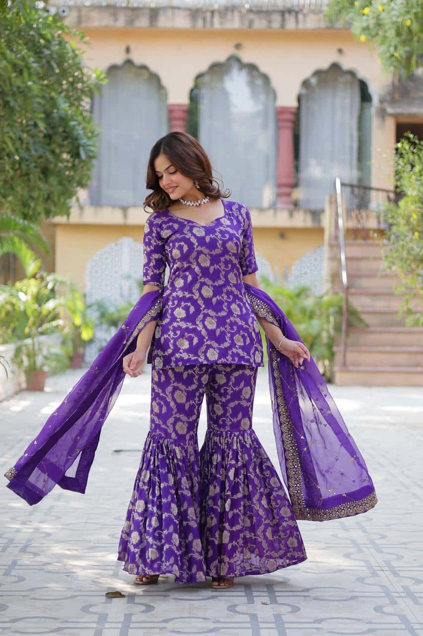 "Exquisite Viscose Georgette Jacquard Kurti & Gharara Set with Embroidered Silk Dupatta"