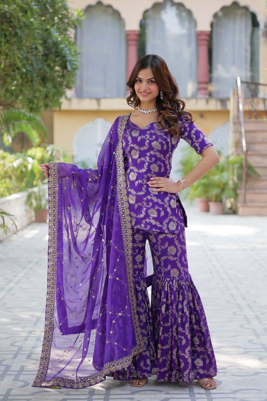 "Exquisite Viscose Georgette Jacquard Kurti & Gharara Set with Embroidered Silk Dupatta"