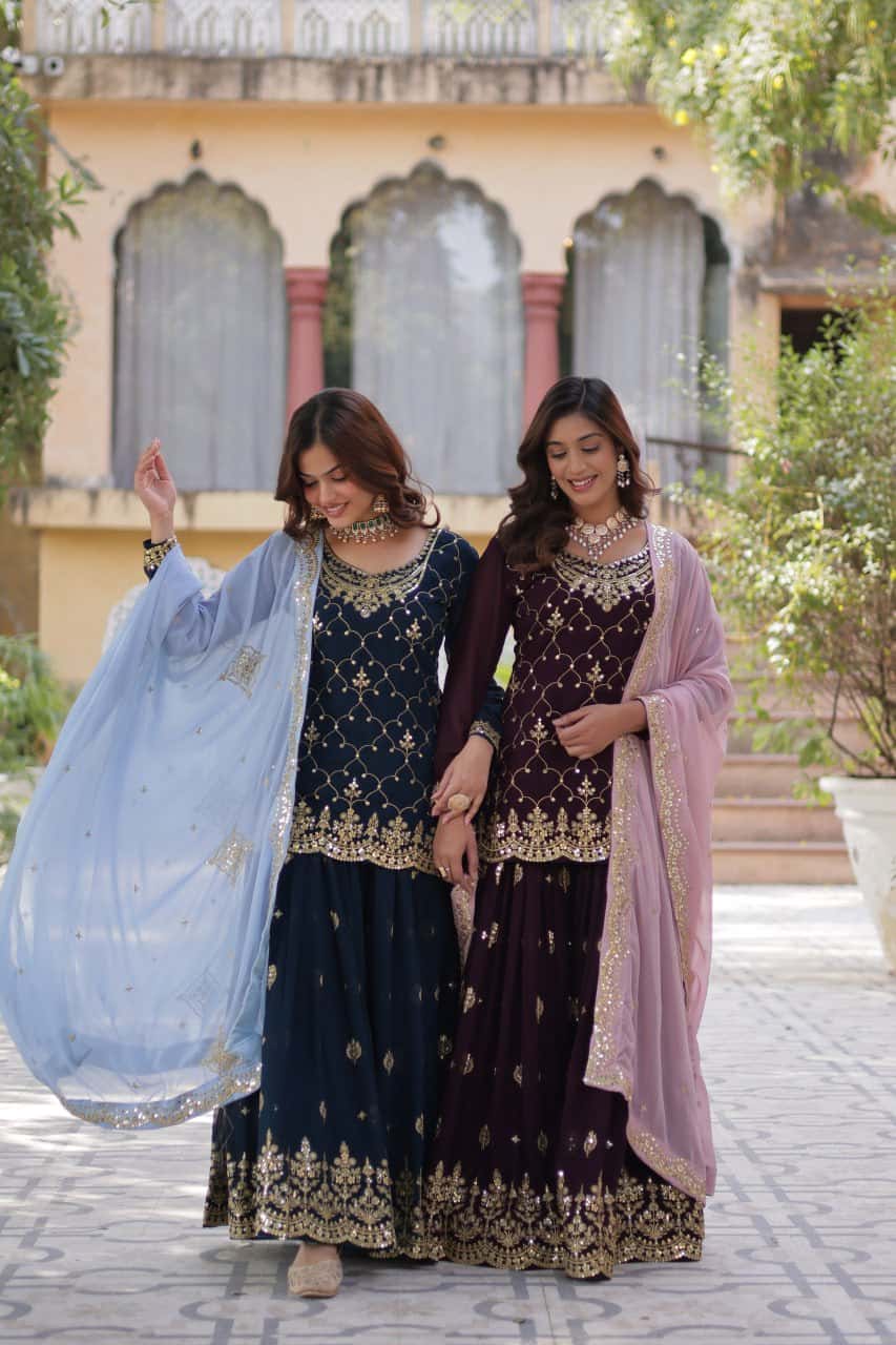 "Elegant Faux Blooming Embroidered Kurti, Plazzo & Dupatta Set with Sequins Work"