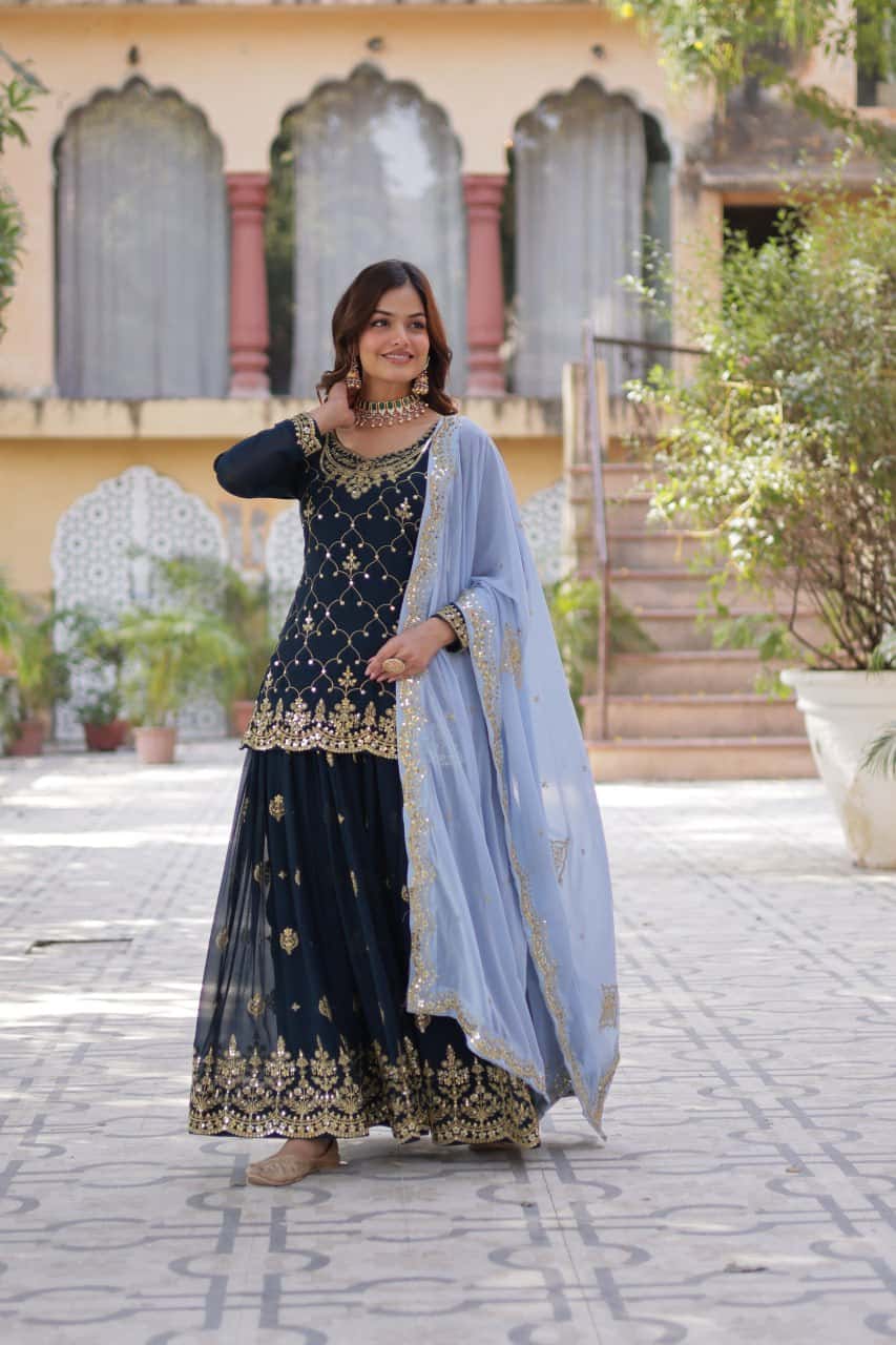 "Elegant Faux Blooming Embroidered Kurti, Plazzo & Dupatta Set with Sequins Work"