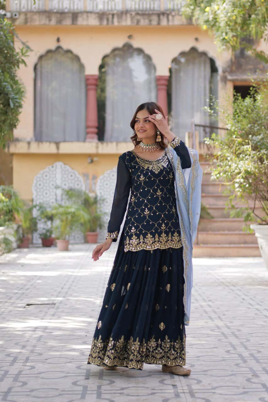 "Elegant Faux Blooming Embroidered Kurti, Plazzo & Dupatta Set with Sequins Work"