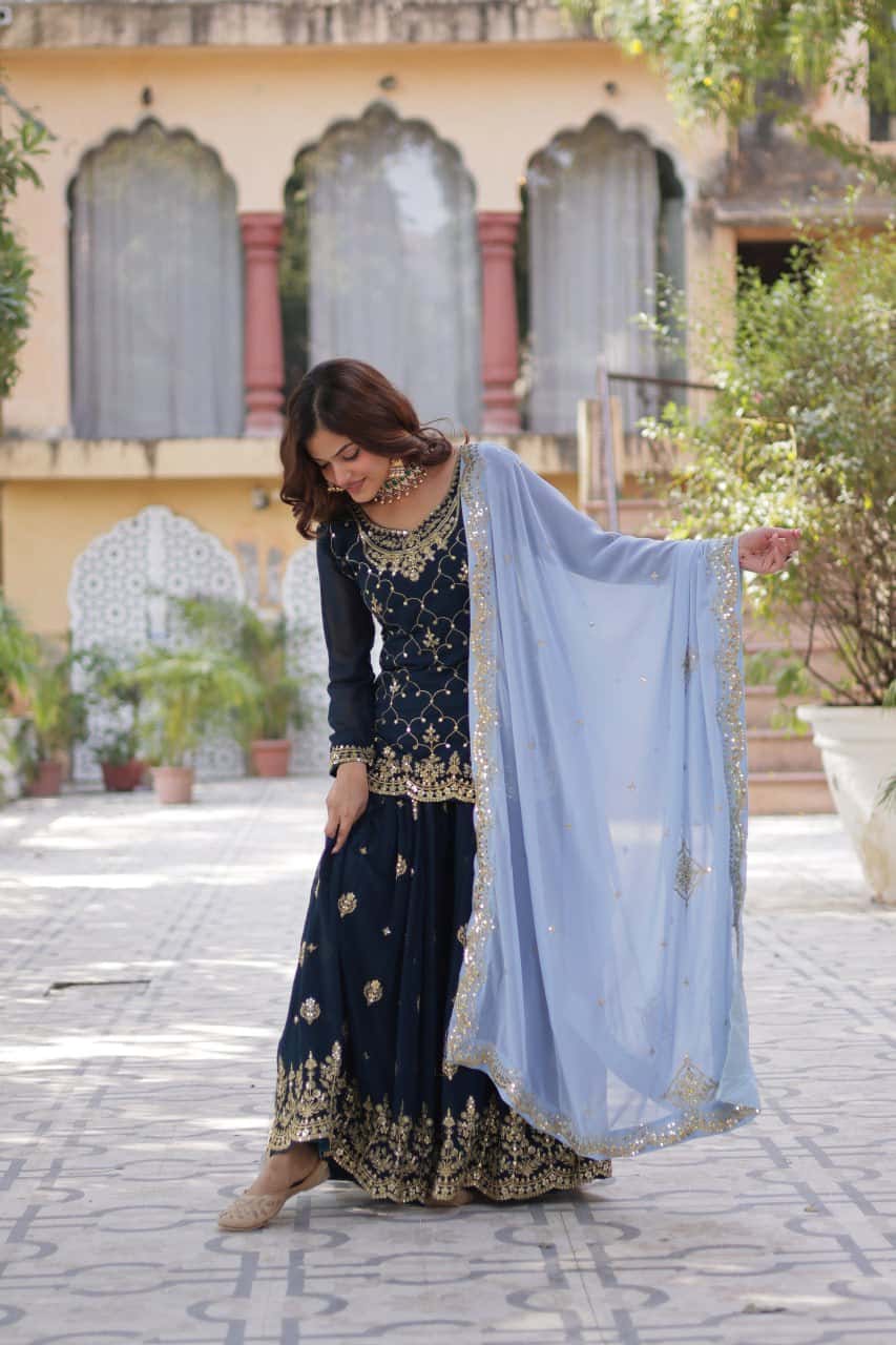 "Elegant Faux Blooming Embroidered Kurti, Plazzo & Dupatta Set with Sequins Work"
