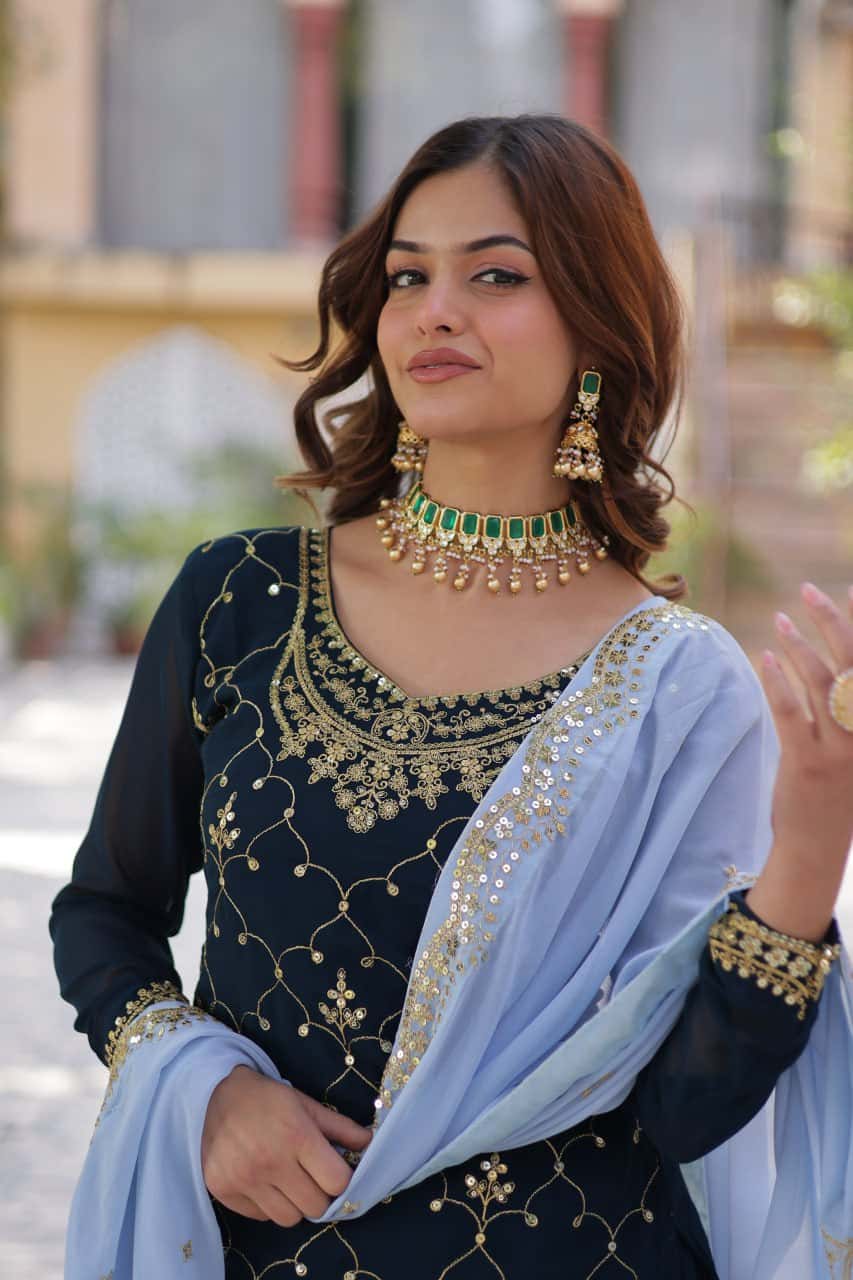 "Elegant Faux Blooming Embroidered Kurti, Plazzo & Dupatta Set with Sequins Work"