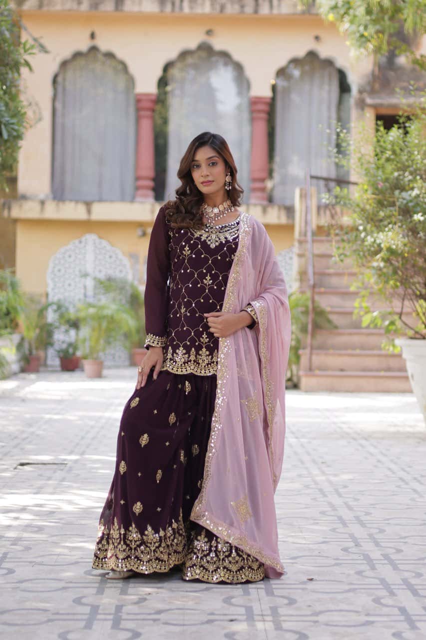 "Elegant Faux Blooming Embroidered Kurti, Plazzo & Dupatta Set with Sequins Work"