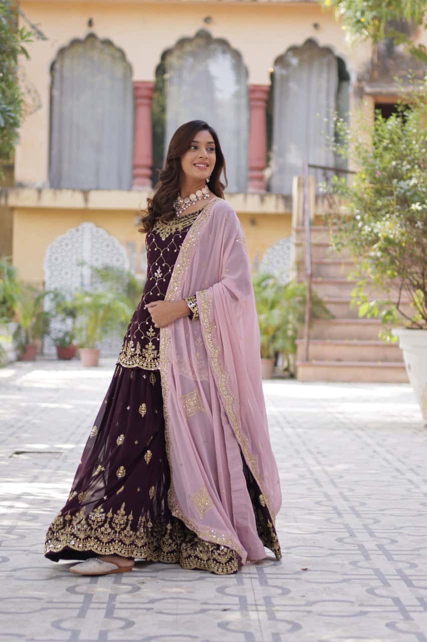 "Elegant Faux Blooming Embroidered Kurti, Plazzo & Dupatta Set with Sequins Work"