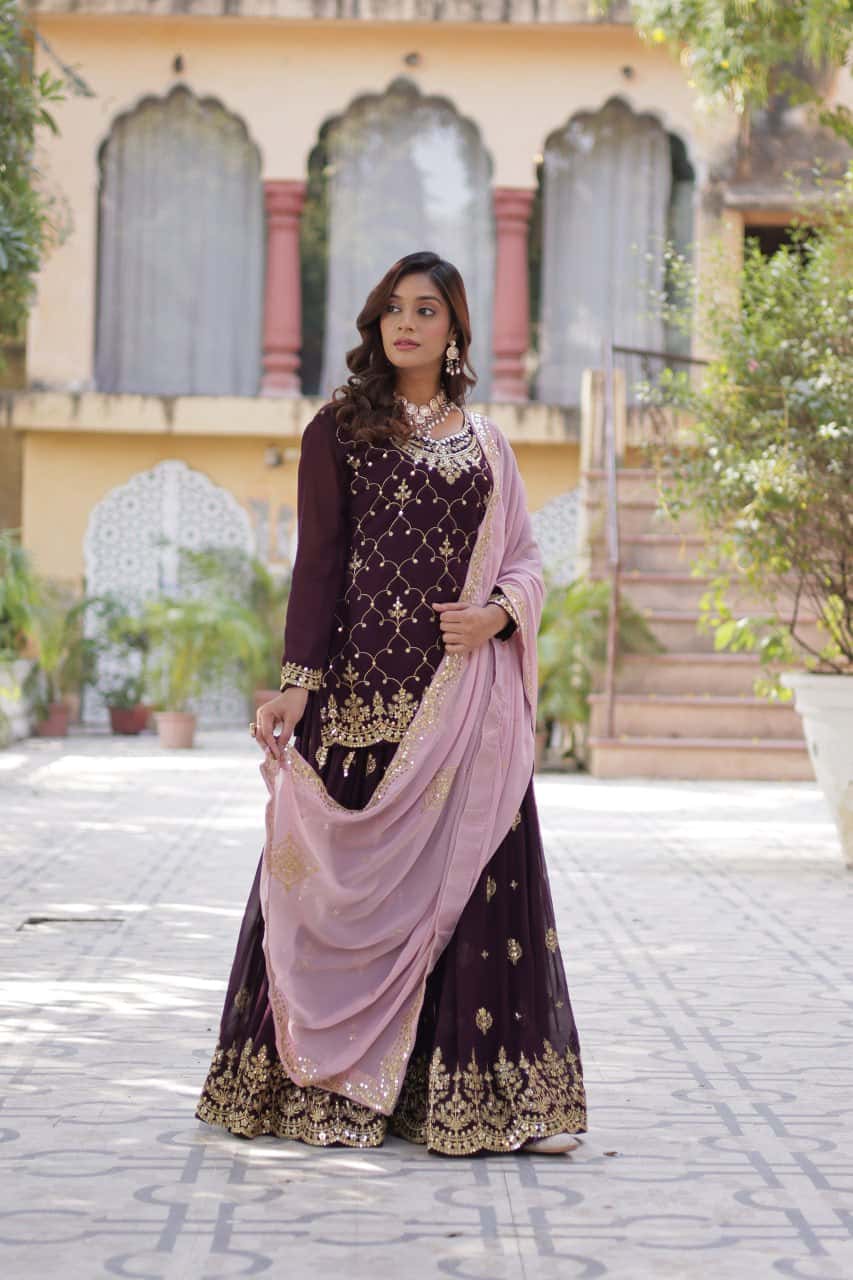 "Elegant Faux Blooming Embroidered Kurti, Plazzo & Dupatta Set with Sequins Work"