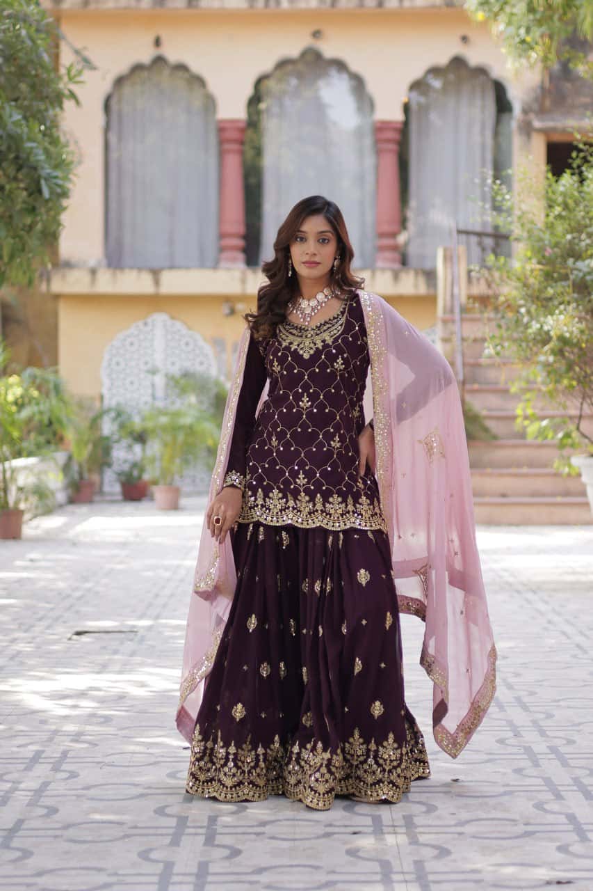 "Elegant Faux Blooming Embroidered Kurti, Plazzo & Dupatta Set with Sequins Work"