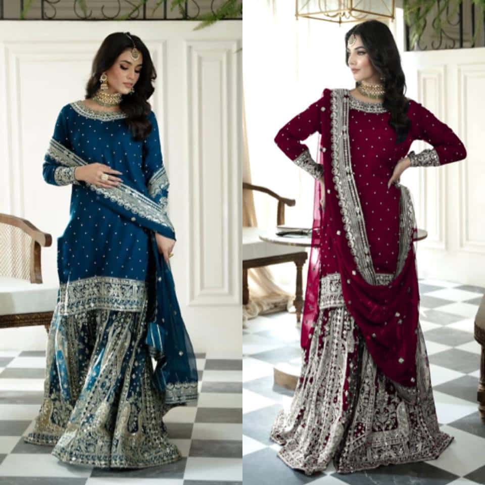 Heavy Faux Georgette Embroidered Top and Gharara with Dupatta Set